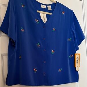 Flower buttons! vintage NWT! beaded & embroidered royal blue blouse Koret size L